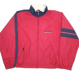 Vintage NAUTICA Competition Spellout Windbreaker Jacket Red w/Navy Stripe Detail